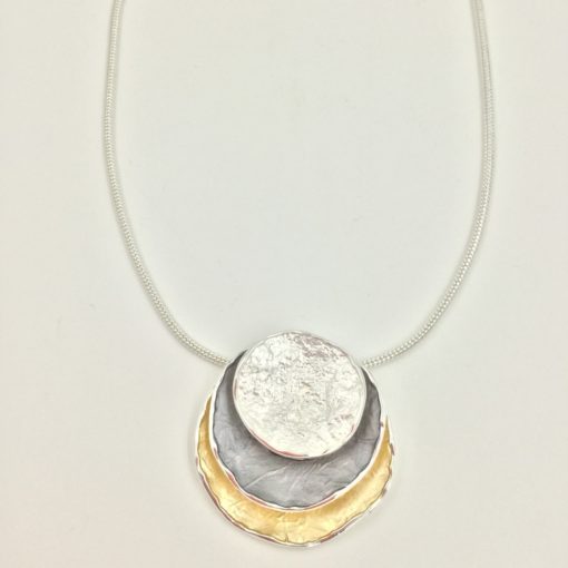 Necklace Grey Gold and Pearlised Silver hammered stacked discs