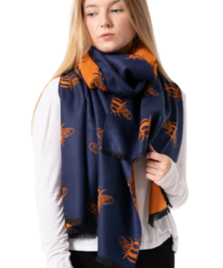 Reversible Navy and Orange Bee Design Blanket Scarf