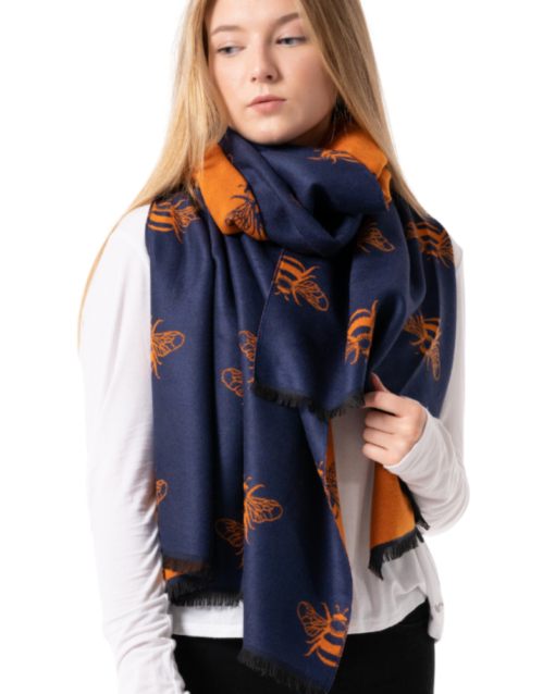 Reversible Navy and Orange Bee Design Blanket Scarf