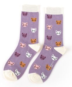 Ladies Bamboo Socks Kitty Faces Design Lavender