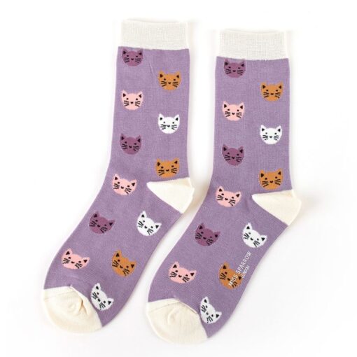 Ladies Bamboo Socks Kitty Faces Design Lavender