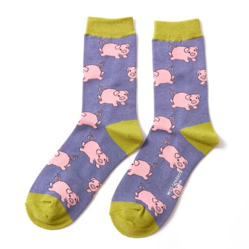 Ladies Bamboo Socks Piglet Design Cornflower Blue